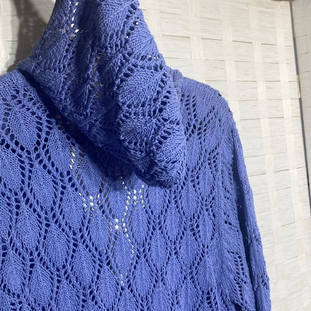 Sigrid Olsen Periwinkle V Neck Hooded Crochet Long Sleeve Top Size XL - Picture 9 of 11
